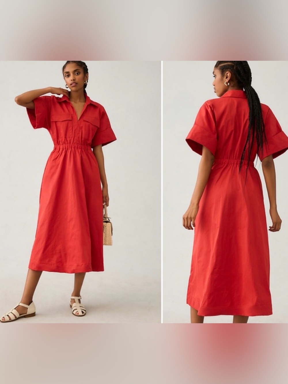 Anthropologie Maeve Women's Red Short-Sleeve Midi Shirt Dress